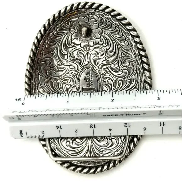 Justin Brand Western Belt Buckle 4'' x 3" Silver Color Floral Rodeo - Picture 4 of 6